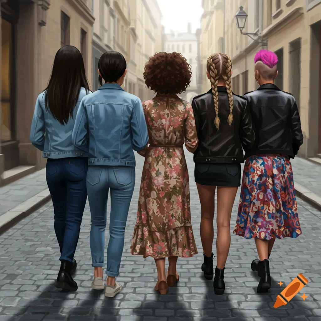 Five women walking away down a city street showing diverse clothing styles.