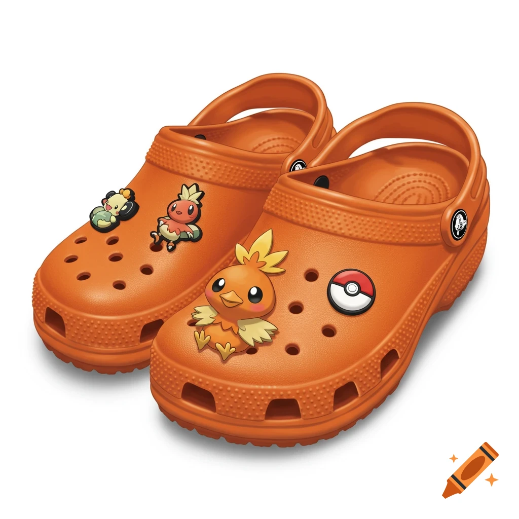 Orange Crocs shoes with Torchic and other Pokemon character charms, and a Pokeball charm.