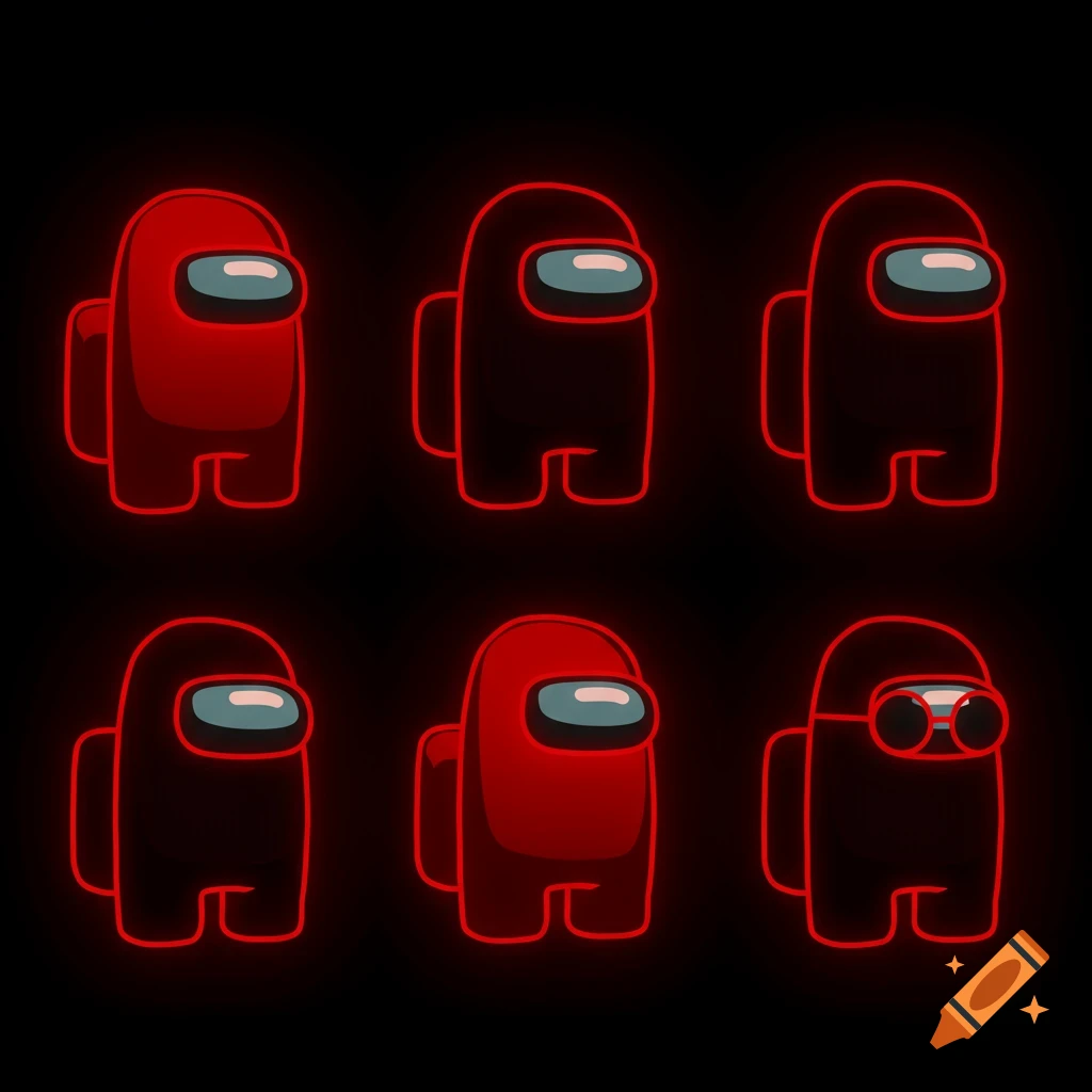 Six Among Us figures with red neon outlines on a black background.