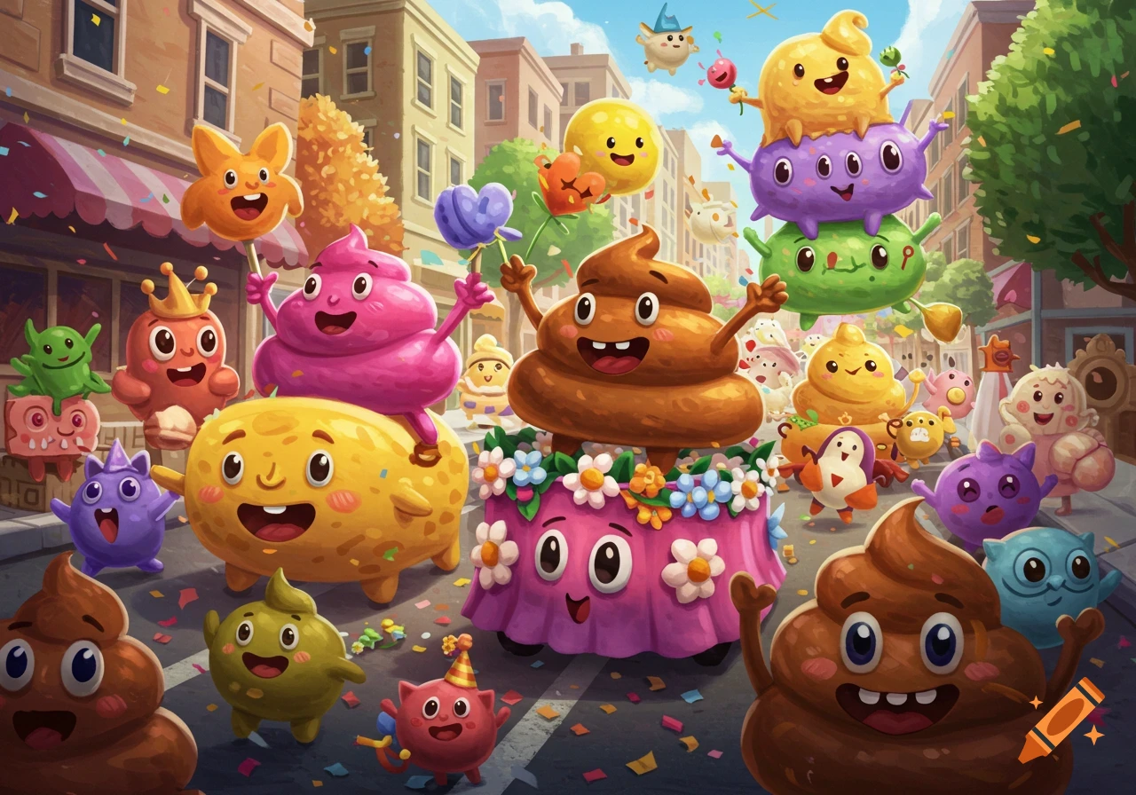 Colorful cartoon poop characters parade down a street with confetti and balloons.