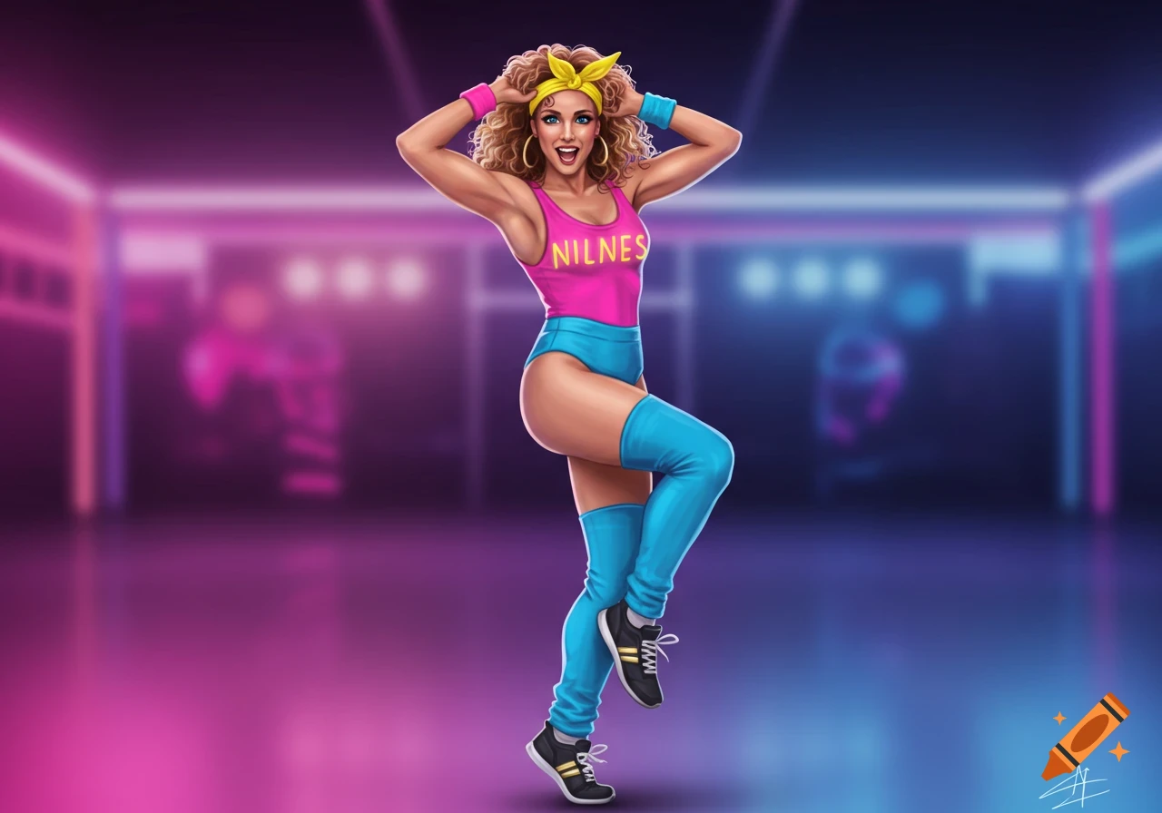 Digital illustration of a woman in 1980s fitness wear posing in a neon-lit room.