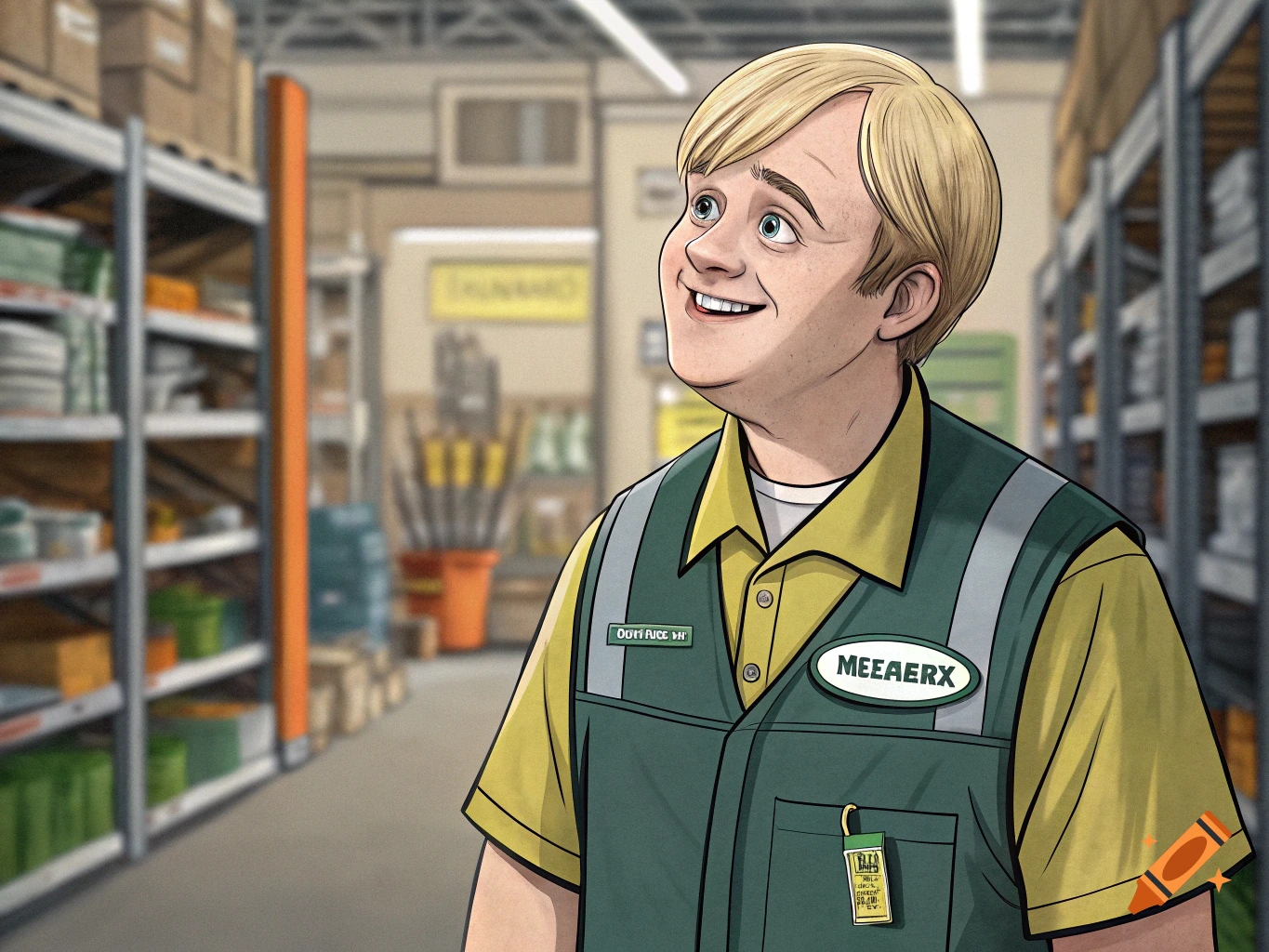 Man in a store wearing a yellow shirt and green vest, looking up and smiling.