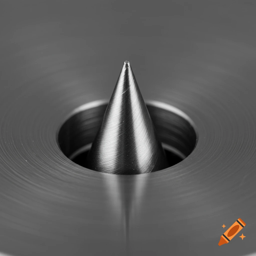 Close-up of a metallic cone on a machined metal surface in black and white.