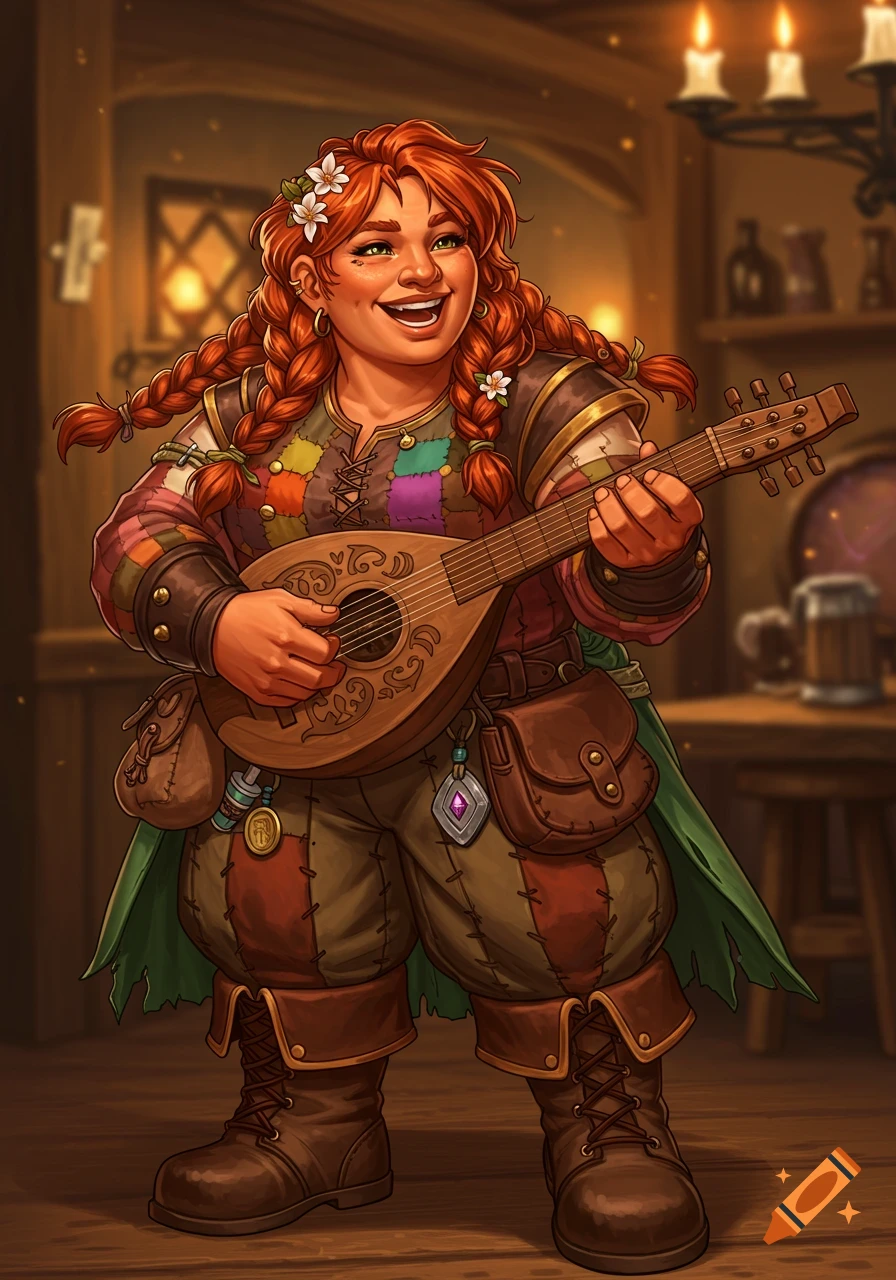 A cheerful female dwarf bard plays a mandolin in a tavern.