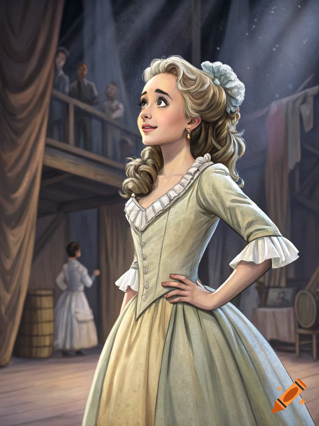 Illustration of a woman in a historical dress smiling backstage in a theatre.