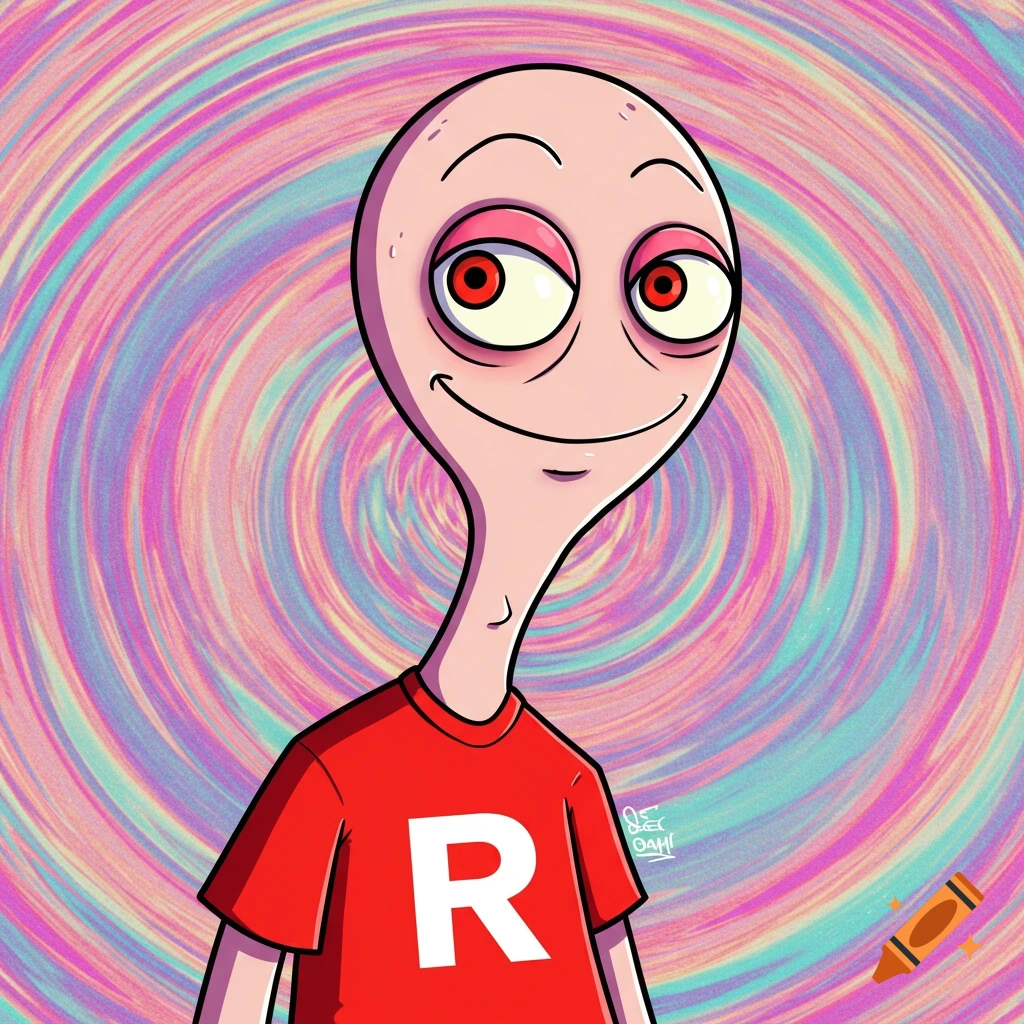 Cartoon character with red eyes, red shirt with white R, on a swirly psychedelic background.