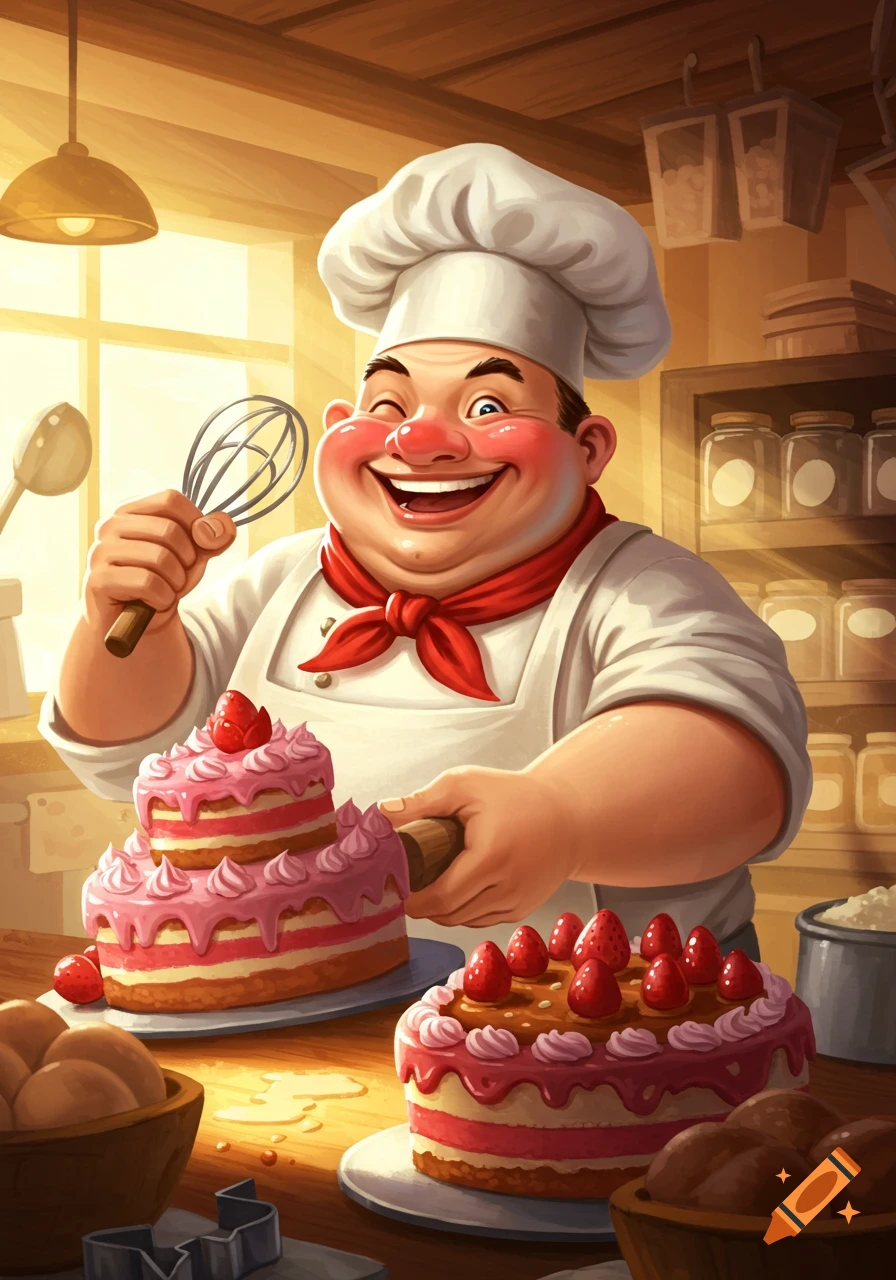 A cartoon chef smiles while decorating cakes in a sunny kitchen.