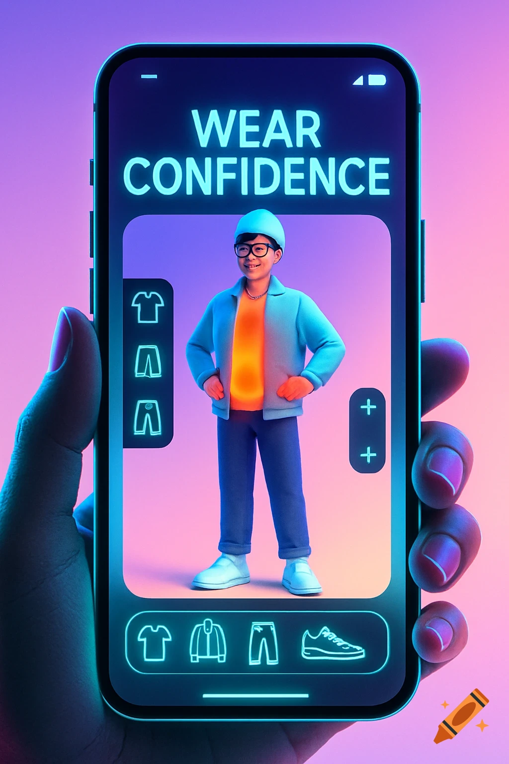 Hand holding a phone displaying a virtual wardrobe app with a 3D avatar and "Wear Confidence" text.