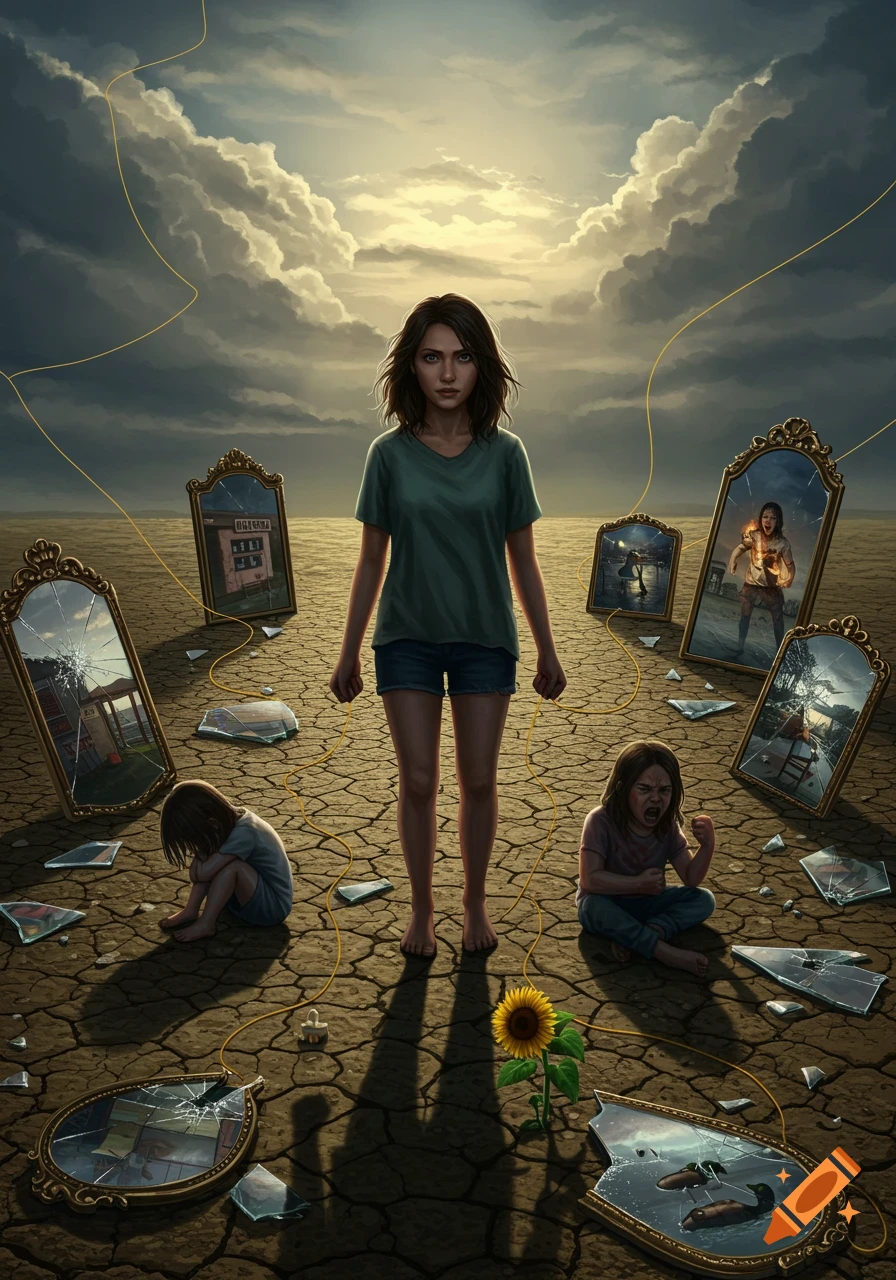 Woman in desolate landscape with shattered mirrors reflecting trauma, golden thread, sunflower. Digital art.