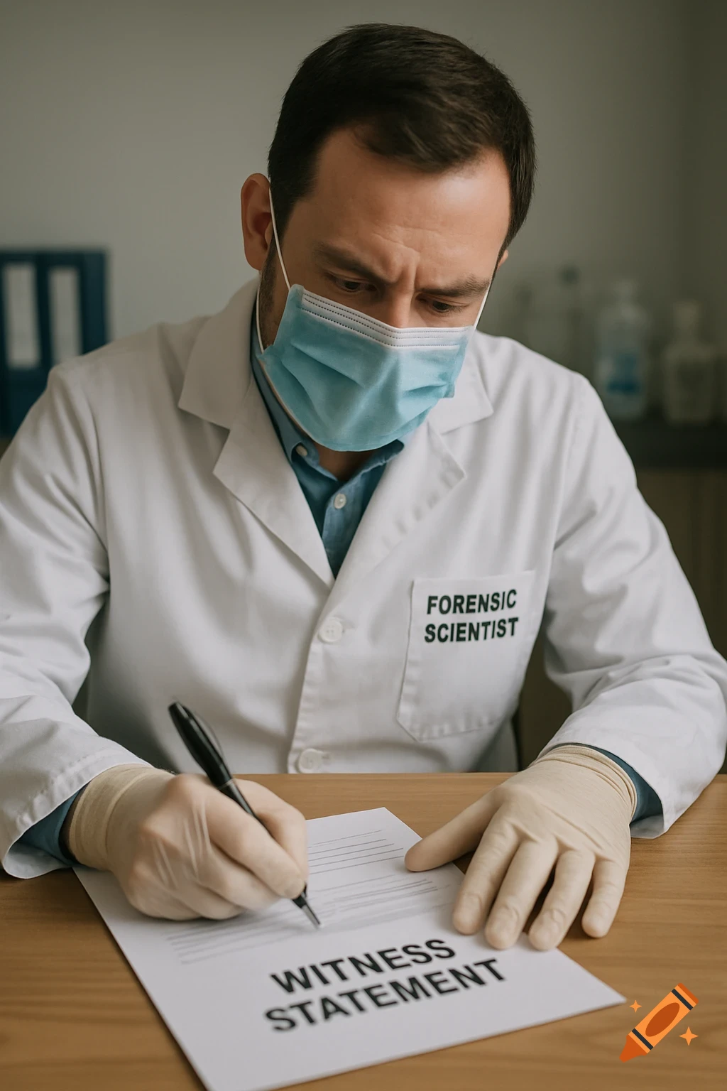 A forensic scientist in a lab coat, mask, and gloves writes on a witness statement document.