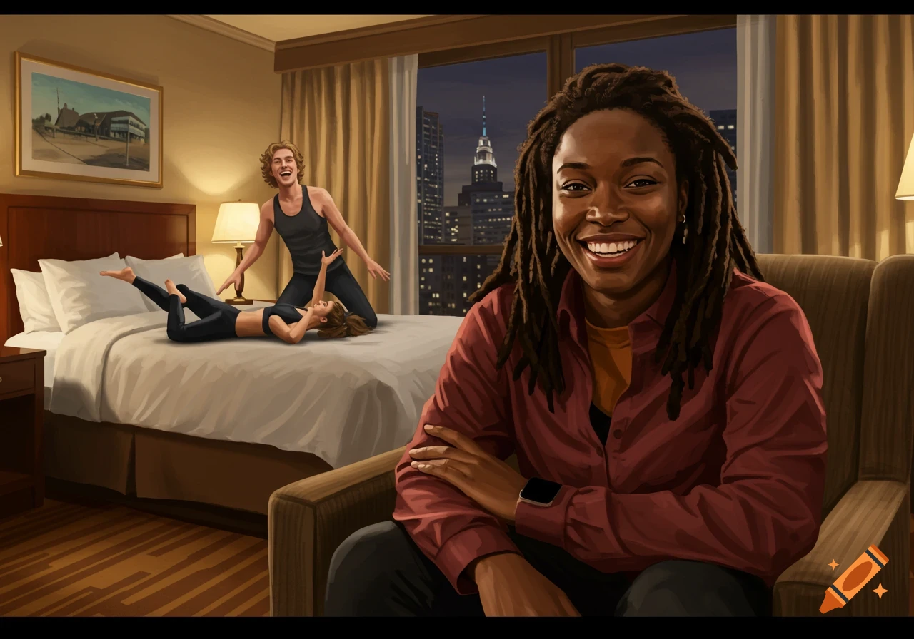 Illustration of a smiling Black woman in an armchair in a hotel room with a couple on the bed and city lights in the background.