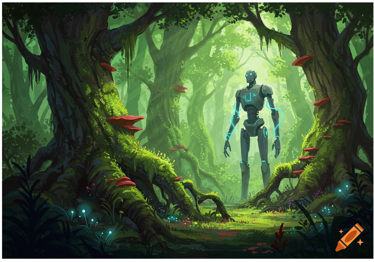 A robot stands in a mystical forest with glowing plants and red fungi ...