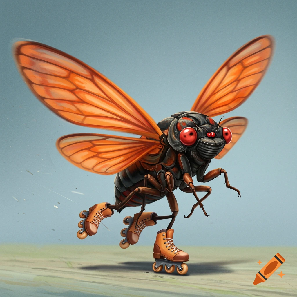 Cartoon cicada with orange wings, red eyes, and roller skates flying/skating