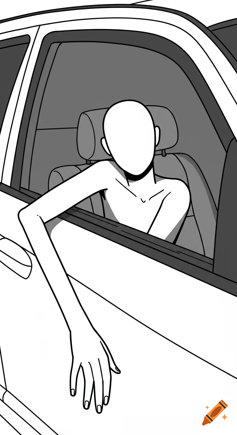 Stylized line art drawing of a person with an elongated arm leaning out a car window.