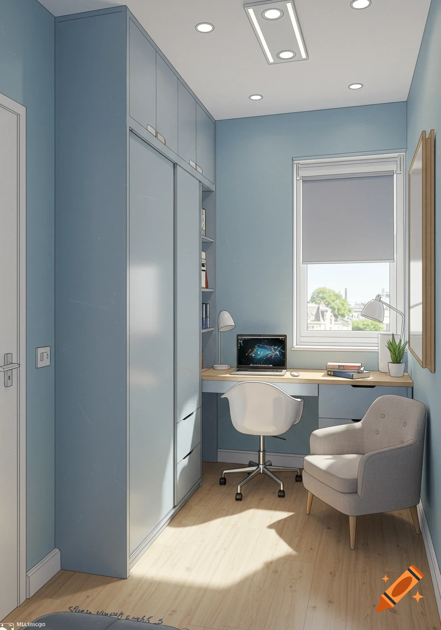 Small home office room interior with a desk, chair, armchair, wardrobe, and window, in a digital art style.