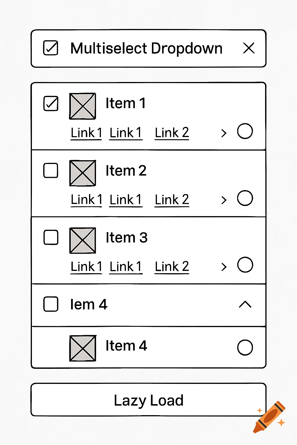 Wireframe diagram of a multiselect dropdown with list items and a lazy load button.
