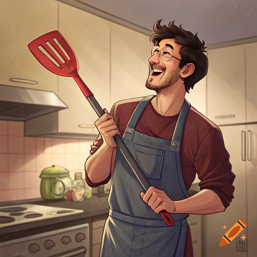 Cartoon man in apron holds spatula, smiling in a kitchen.