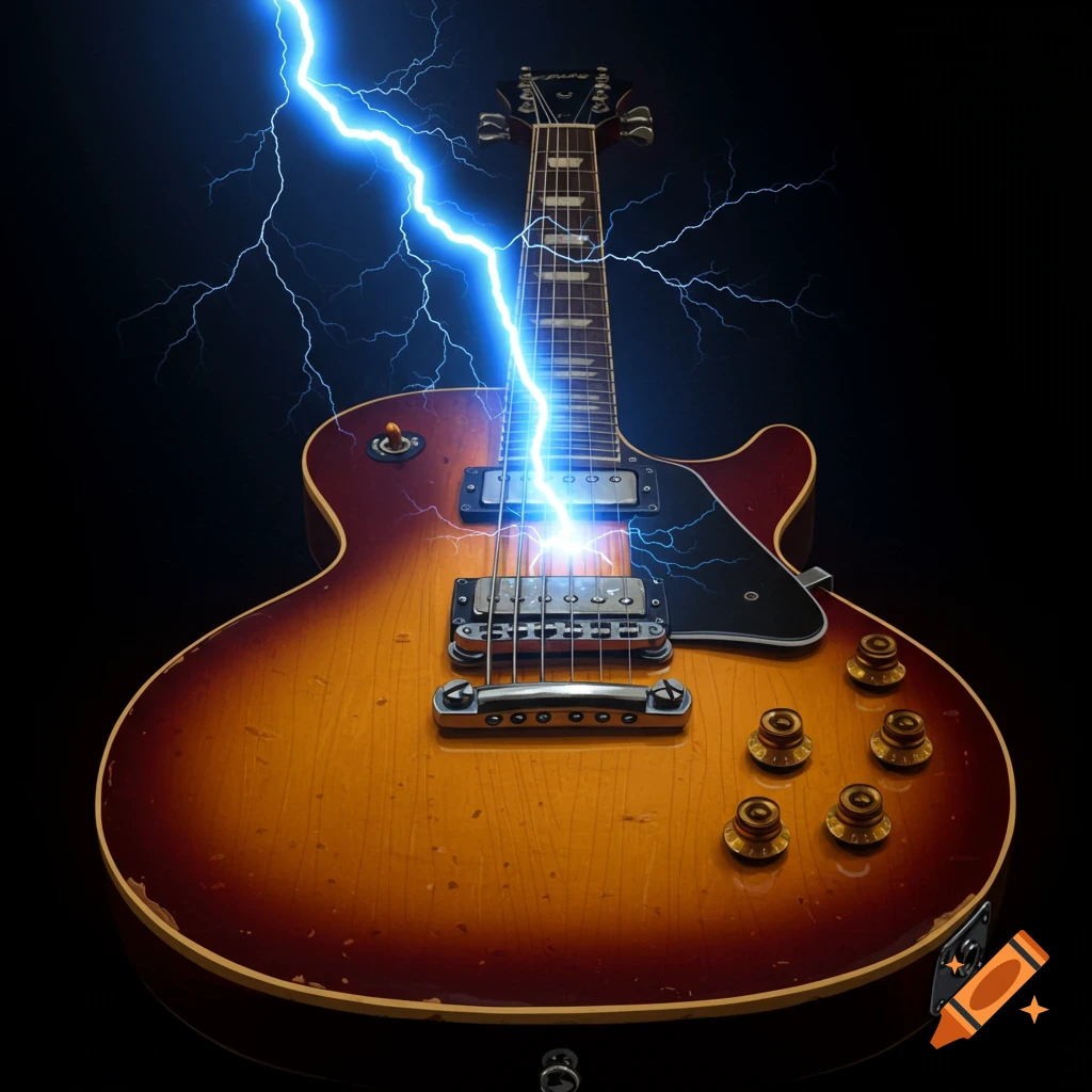 Electric guitar being struck by a bolt of lightning.