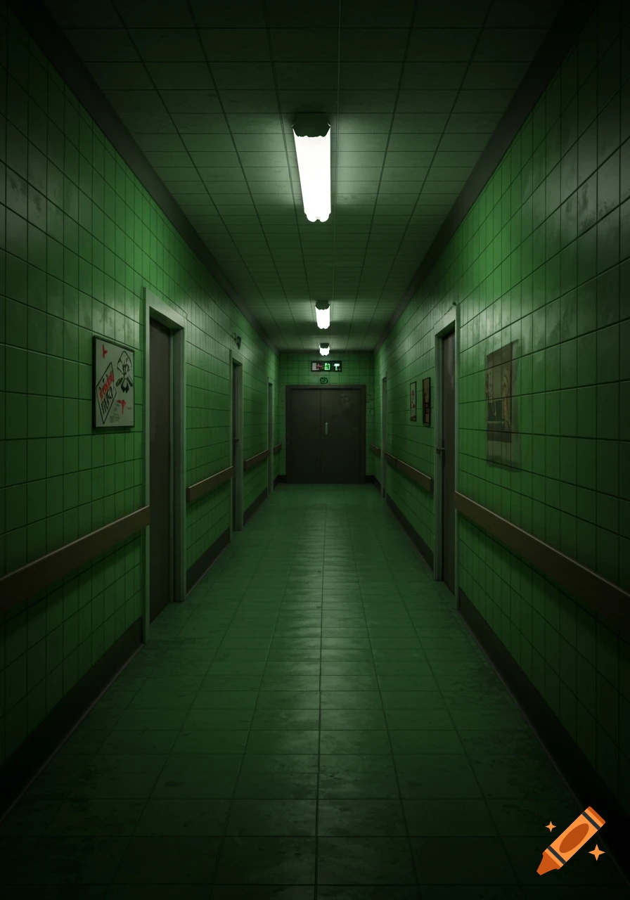 Empty green tiled hallway with fluorescent lights, in an eerie analog horror style