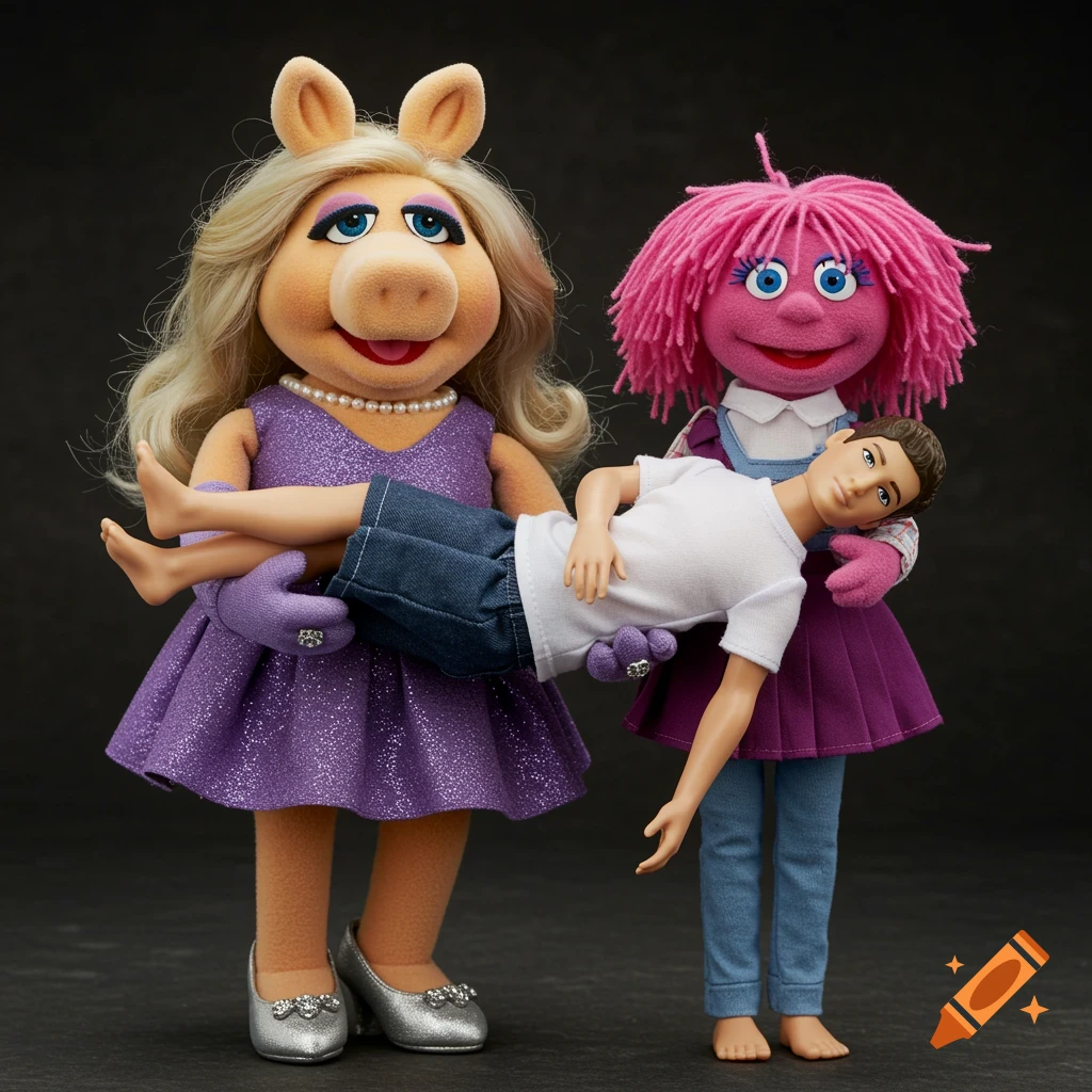 Miss Piggy and Raggedy Ann dolls hold a Ken doll.