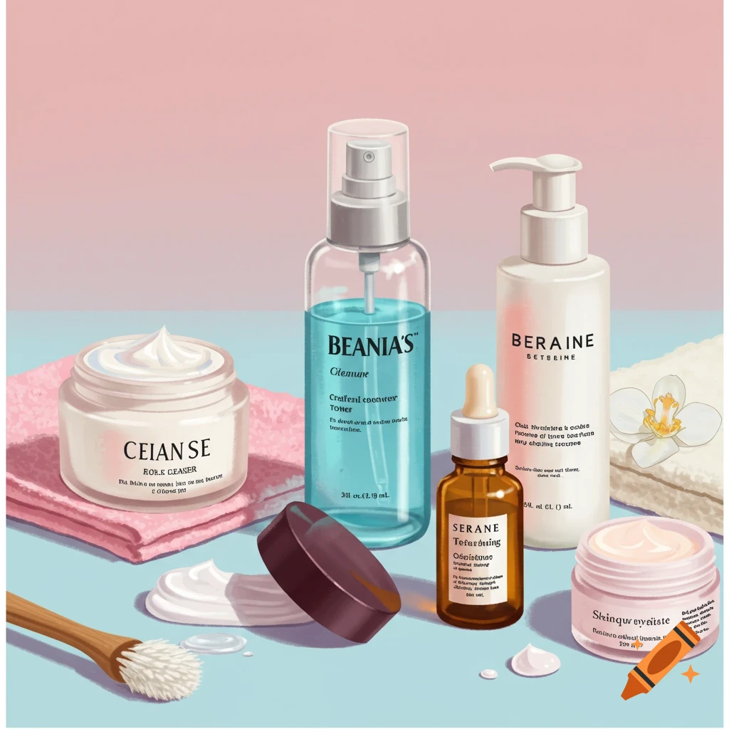 A selection of skincare products, including jars, bottles, and a dropper, are arranged on a pink and blue surface.