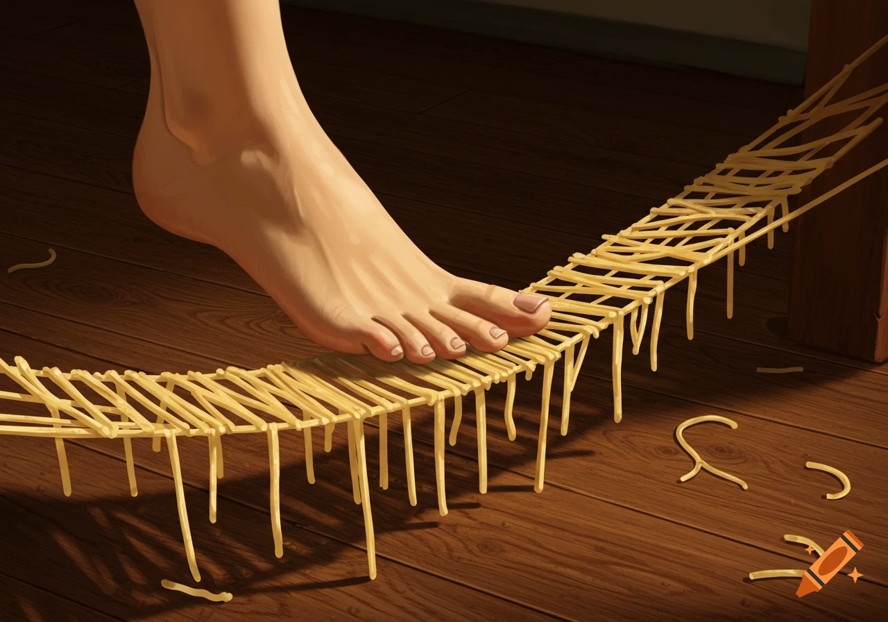 A person's foot steps onto a bridge made of spaghetti over a wooden floor, realistic style.