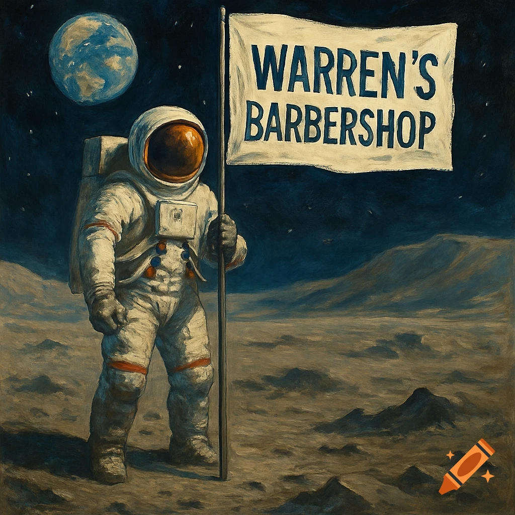 Astronaut plants a flag that says "WARREN'S BARBERSHOP" on the moon in a painterly style.