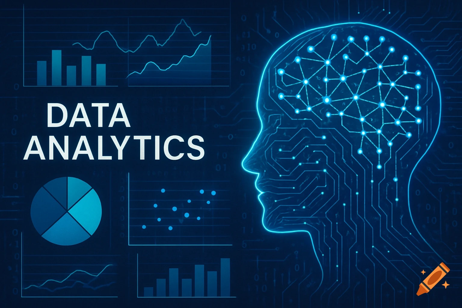 Digital graphic of a head with neural network pattern next to charts, graphs, and the text DATA ANALYTICS.