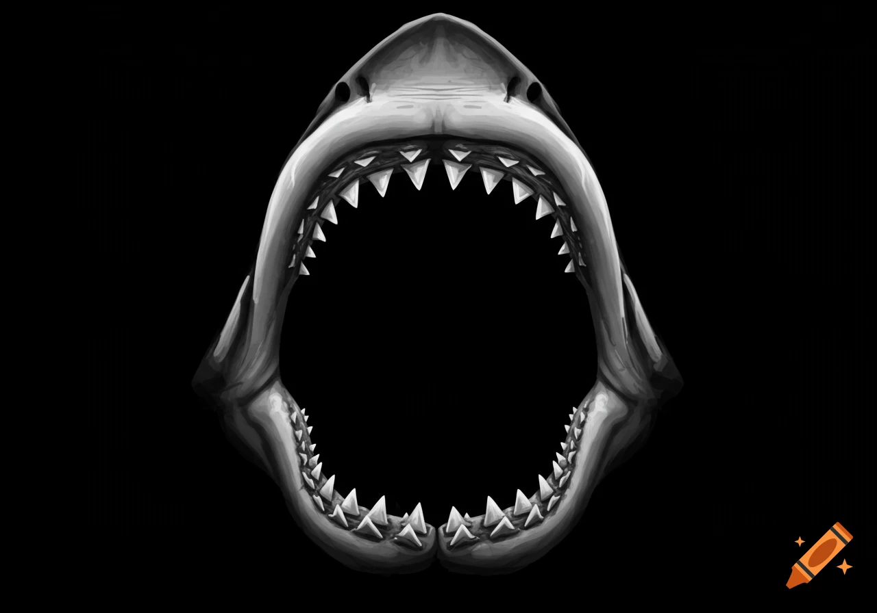 Grayscale illustration of open shark jaws with sharp teeth against a black background.
