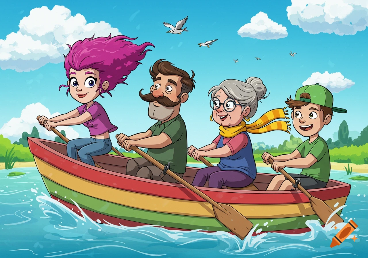 A cartoon family of four rowing a boat on a lake.