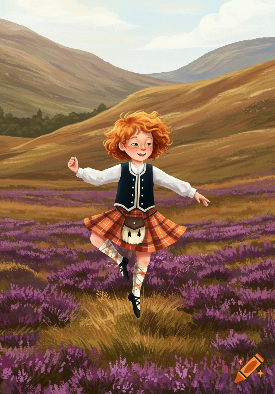 Illustration of a young girl in a kilt dancing in a field of purple heather in the Scottish hills.