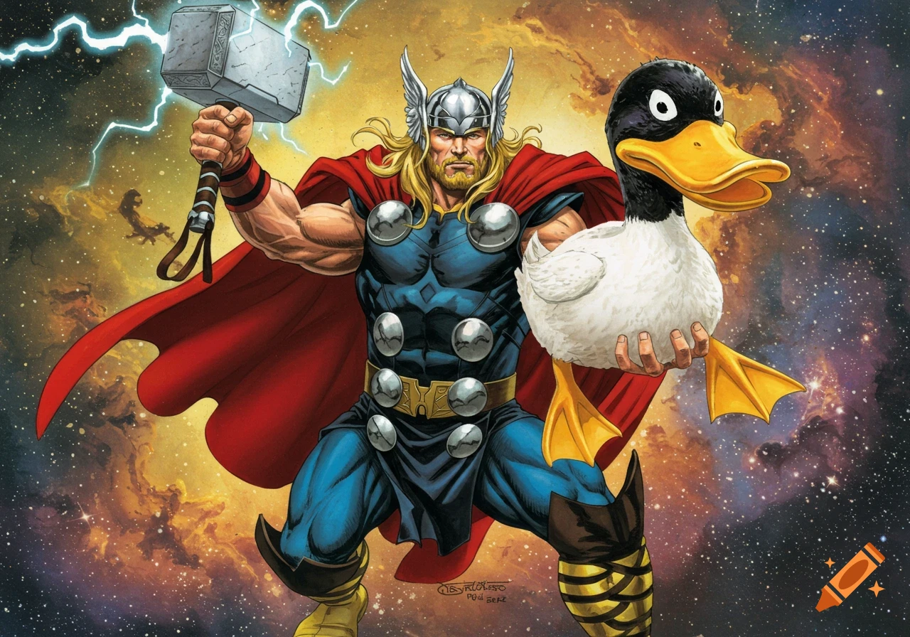 Thor holding his hammer and a large duck in space, comic book style.
