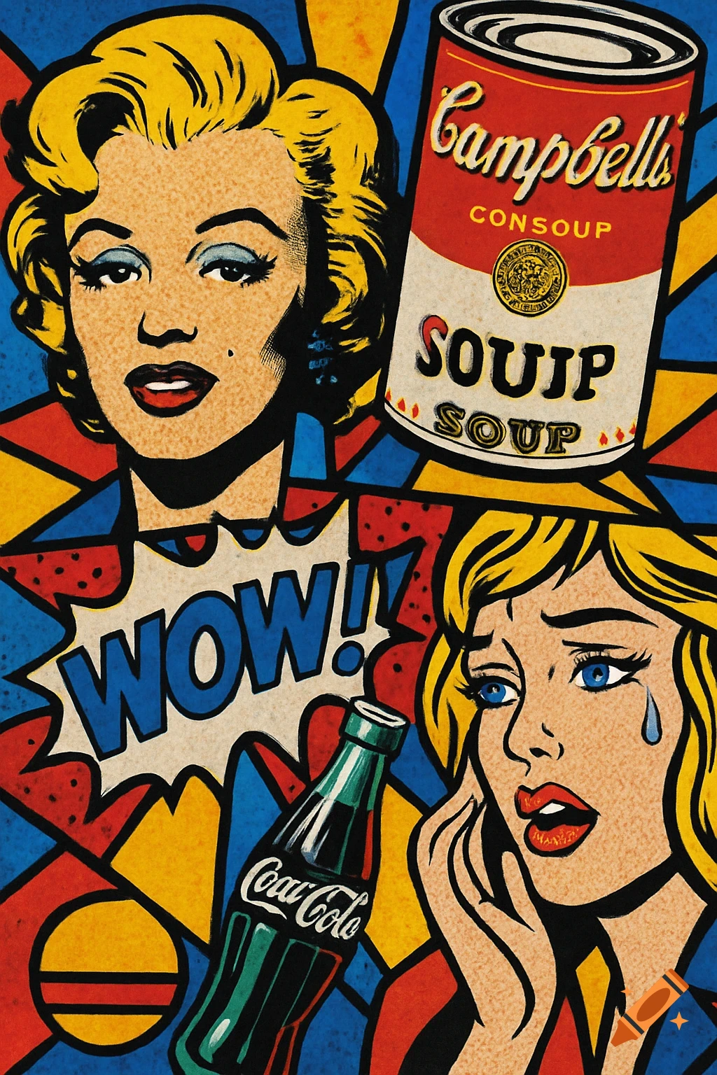 Pop art collage featuring a woman resembling Marilyn Monroe, a crying woman, a Campbell's soup can, a Coca-Cola bottle, and a "WOW!!" speech bubble.