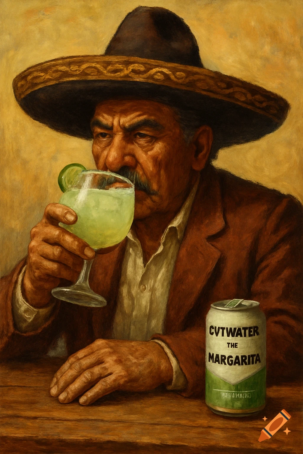 Painting of a man in a sombrero drinking a margarita next to a beverage can.