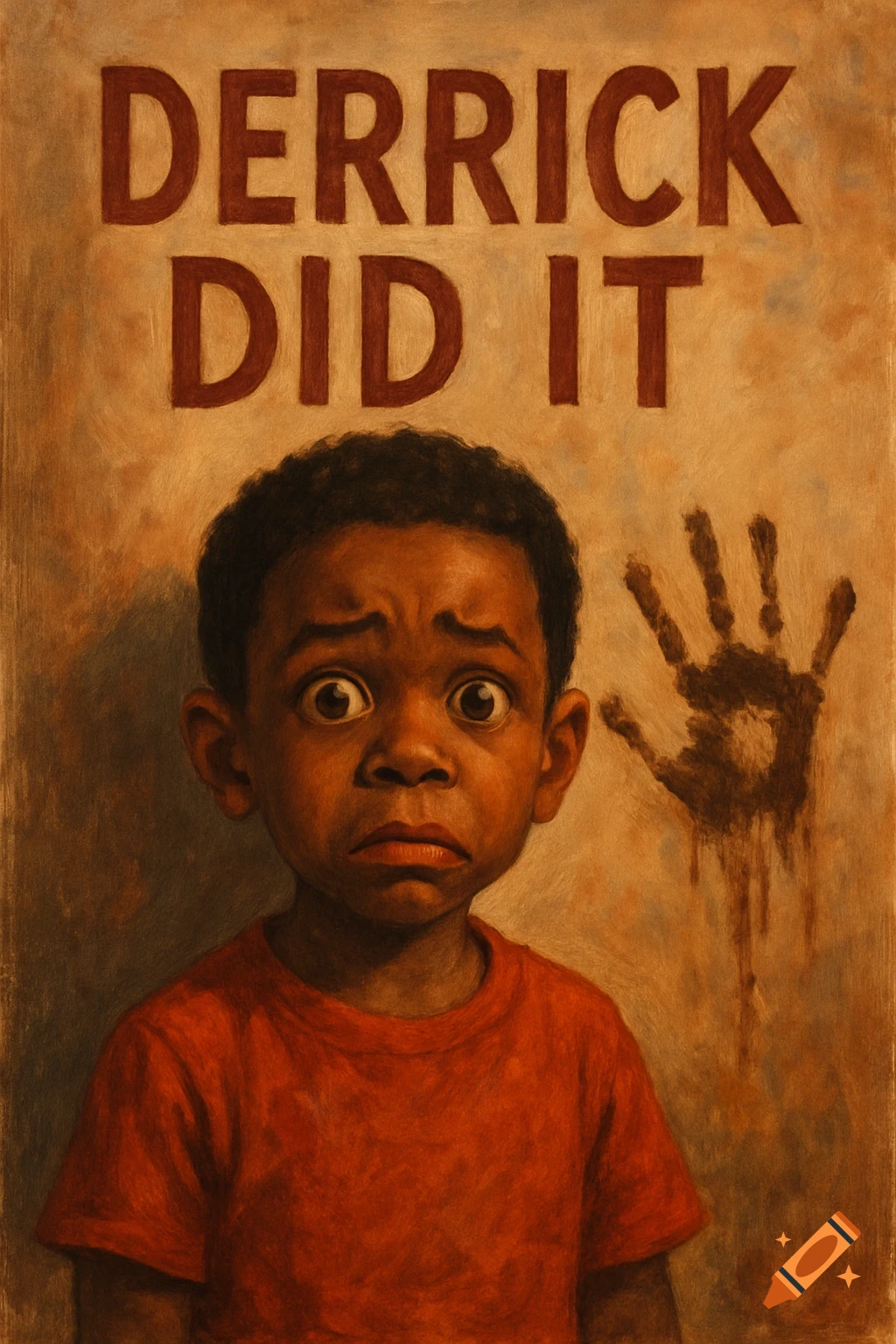 A painting of a frightened boy standing next to a bloody handprint on a wall, with the text "DERRICK DID IT" above him.