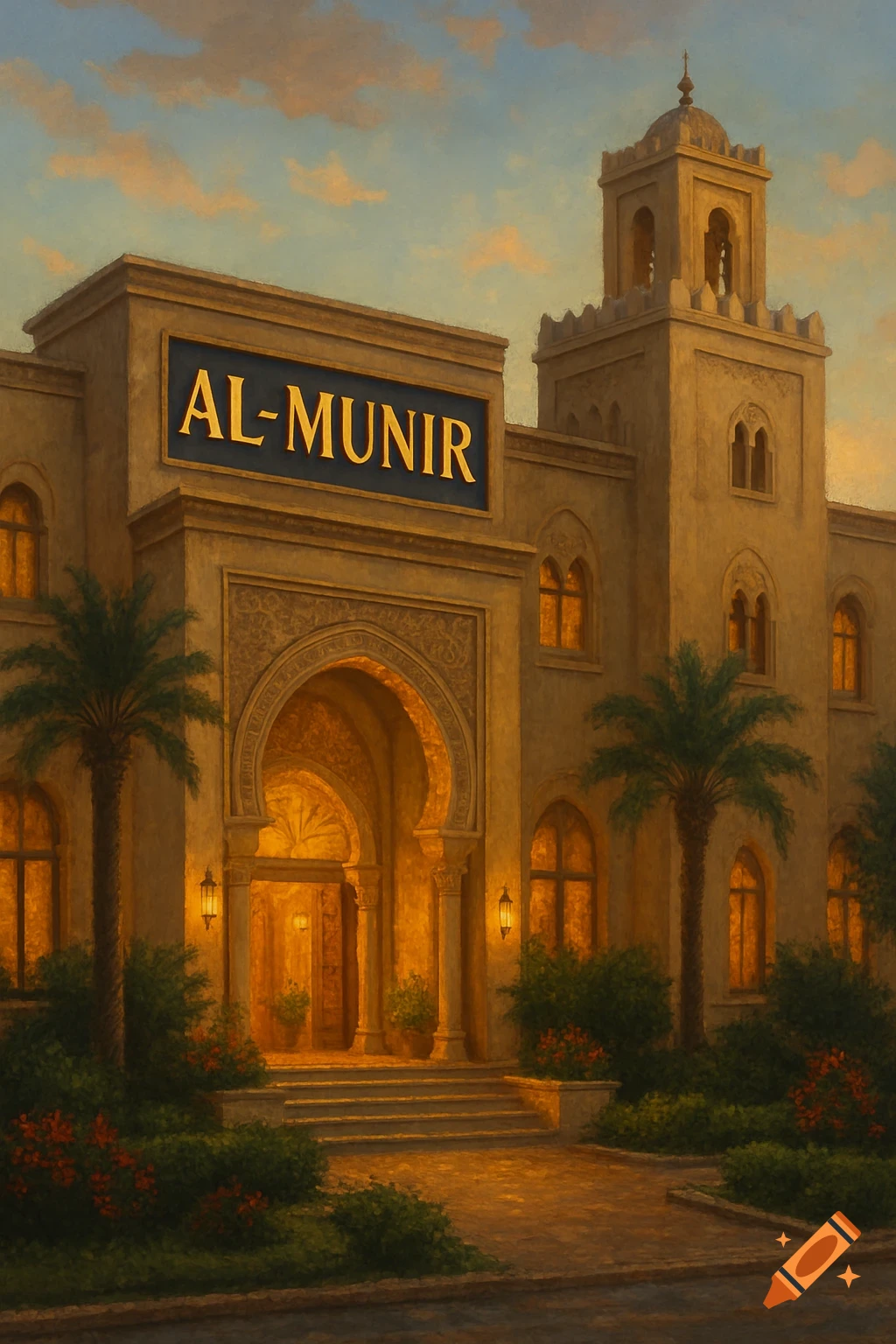Building exterior with a sign reading AL-MUNIR, painting style.