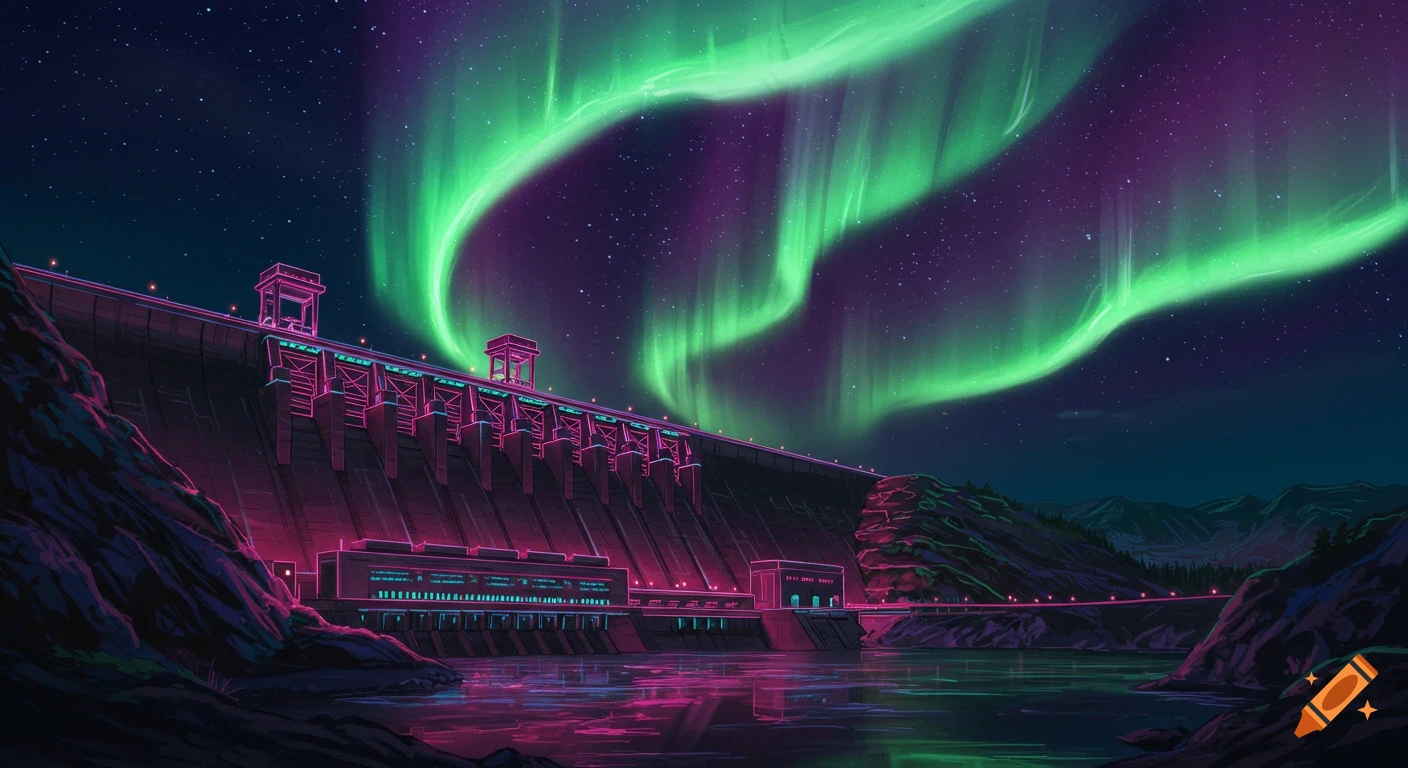 Neon style dam under a vibrant green aurora borealis at night