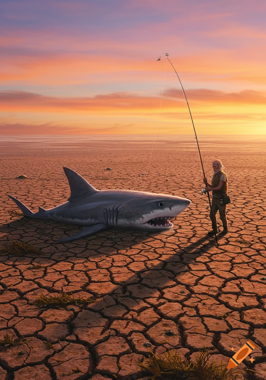 A person fishes with a rod next to a large shark lying on cracked dry ground under a sunset sky.
