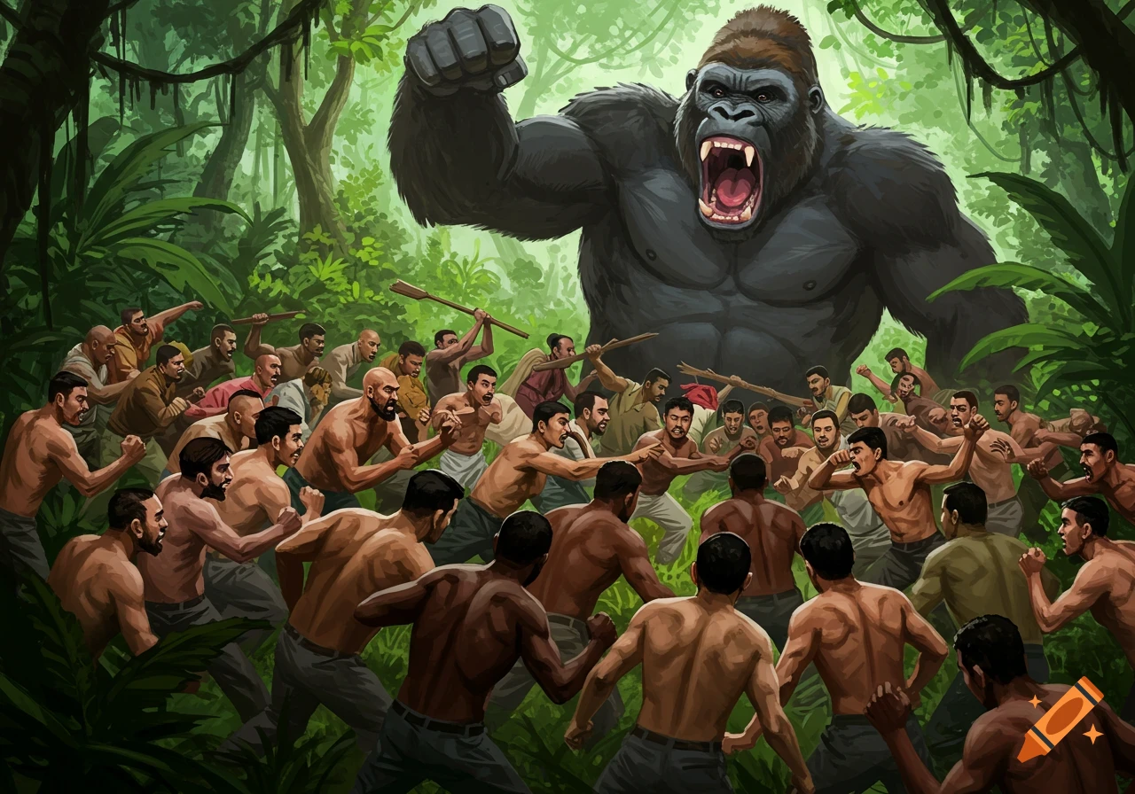 A large gorilla roars at a crowd of men in a lush jungle.