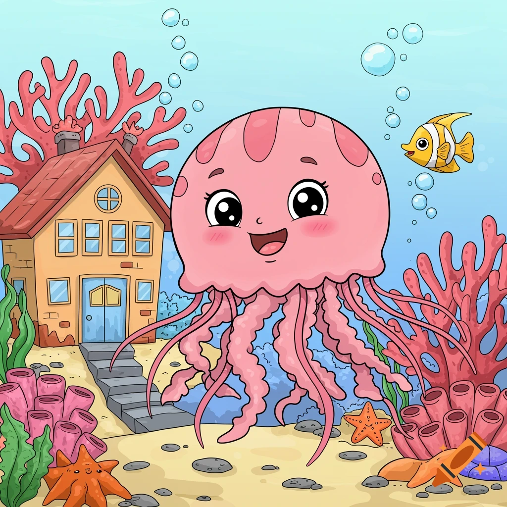 A cute cartoon pink jellyfish underwater near a house, coral, and starfish in a children's book illustration style.