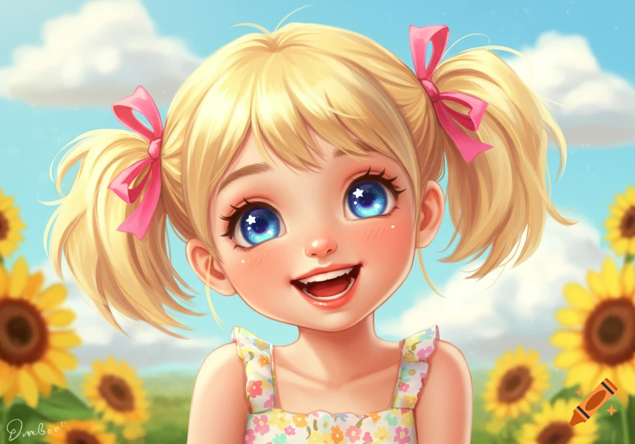 Cute cartoon girl with blonde pigtails and pink ribbons in a field of sunflowers
