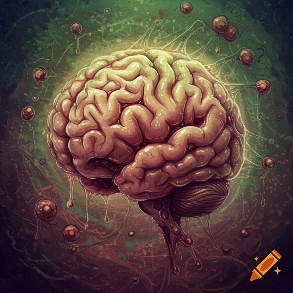 Stylized human brain dripping with fluid, surrounded by roots and floating spheres, against a murky green background.