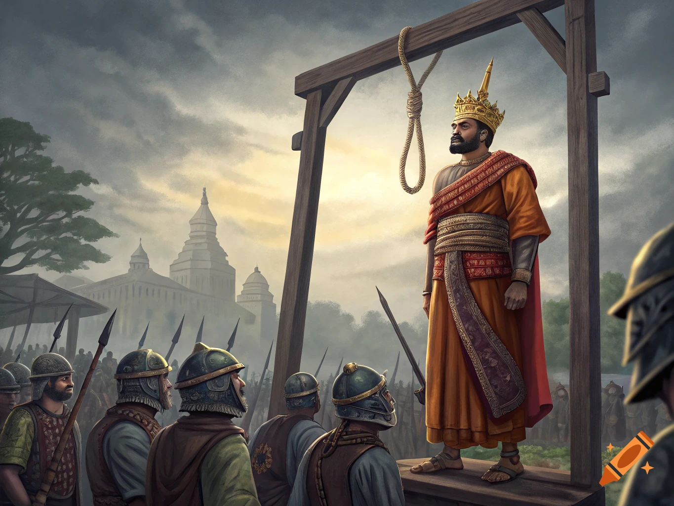 A king in regal attire stands beneath a gallows before soldiers and historical buildings, illustration.