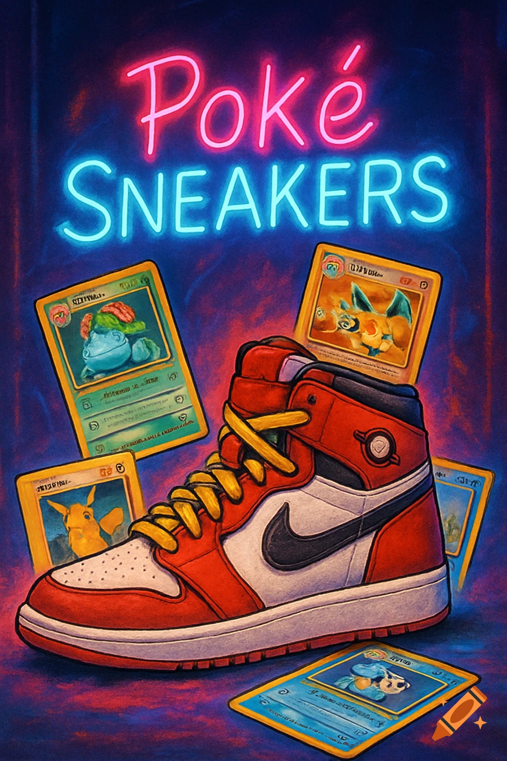 Stylized illustration of a red and white high-top sneaker surrounded by Pokemon trading cards under a neon sign that says 'Poké SNEAKERS'.