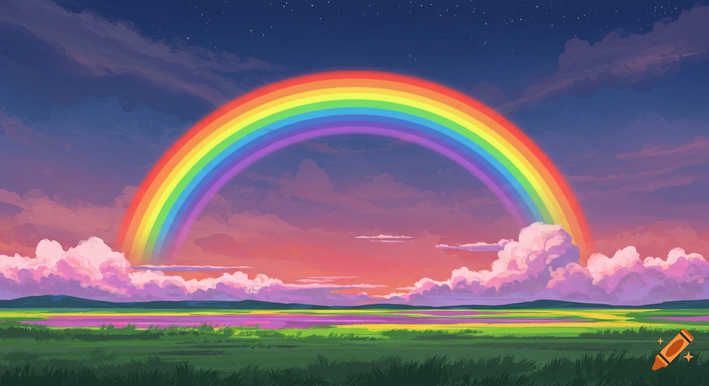 Anime style landscape with a large, vibrant rainbow over fields and mountains at sunset.