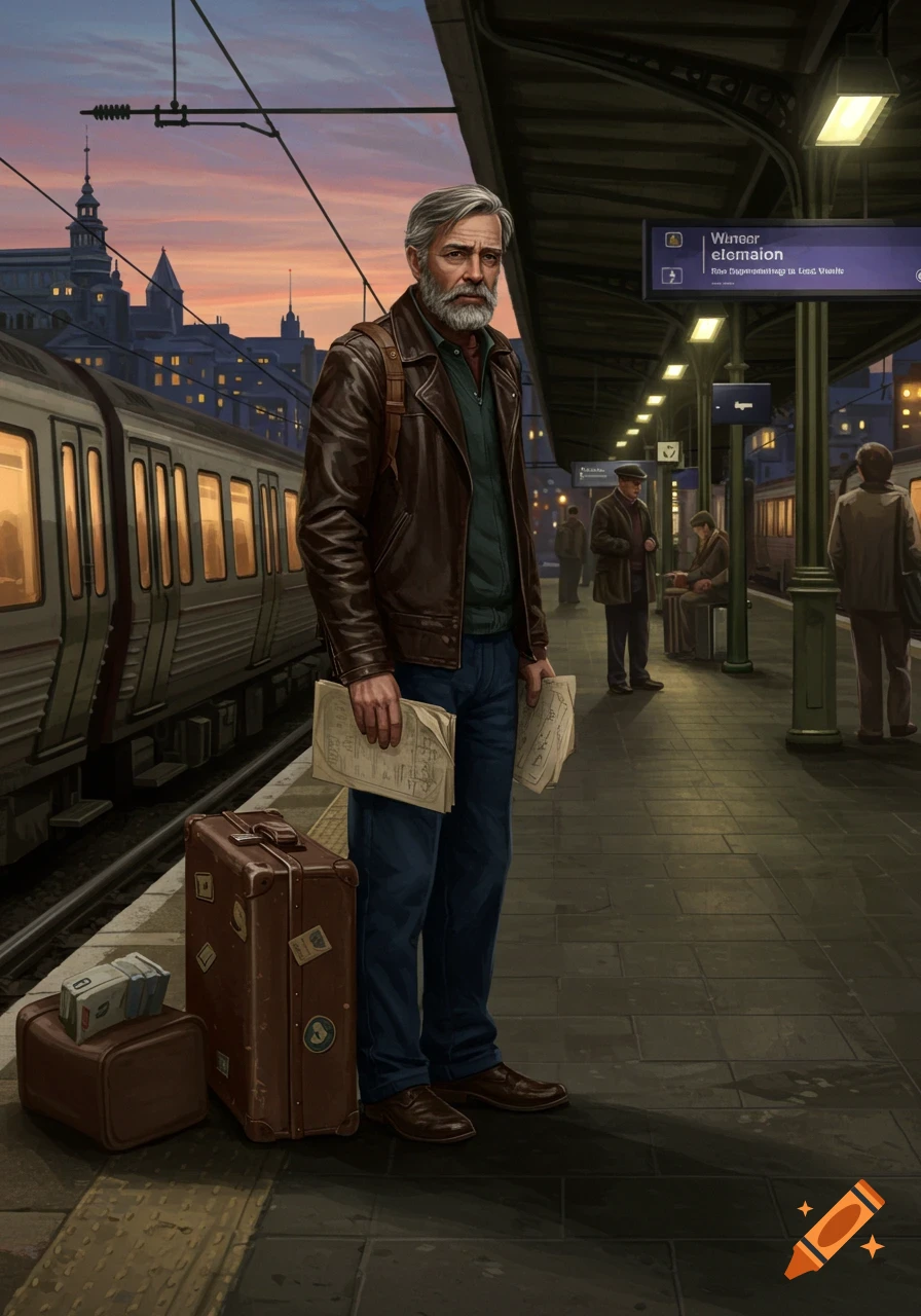 Illustration of a man standing at a train station with luggage, holding papers. A train and buildings are in the background at sunset.