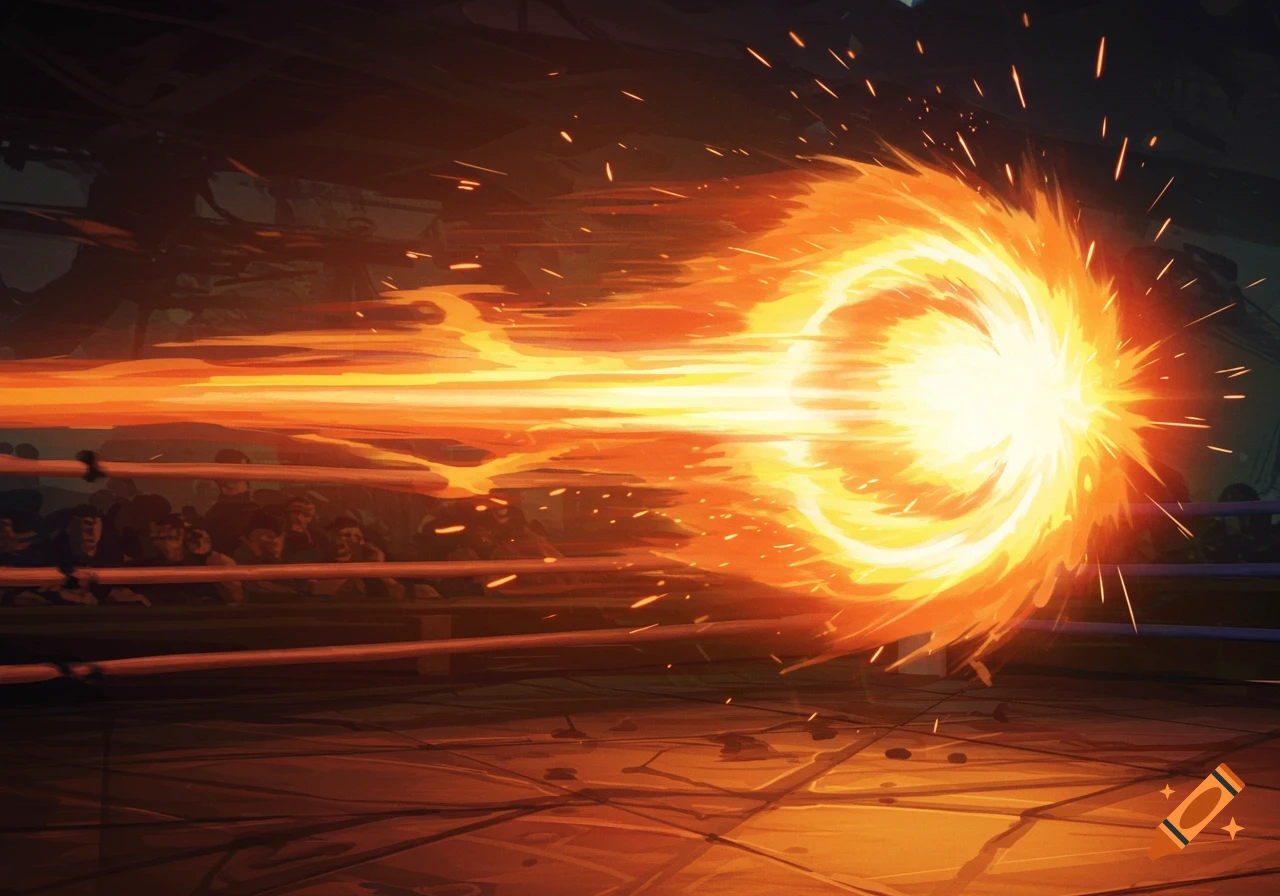A powerful fiery energy blast shoots across a boxing ring towards a swirling impact point, with spectators watching.