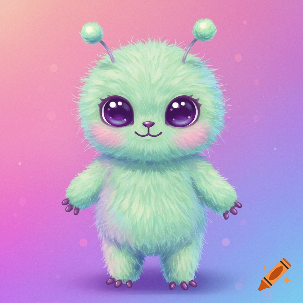 A cute, fluffy, green alien with large purple eyes stands on a pink and purple gradient background in an illustration.