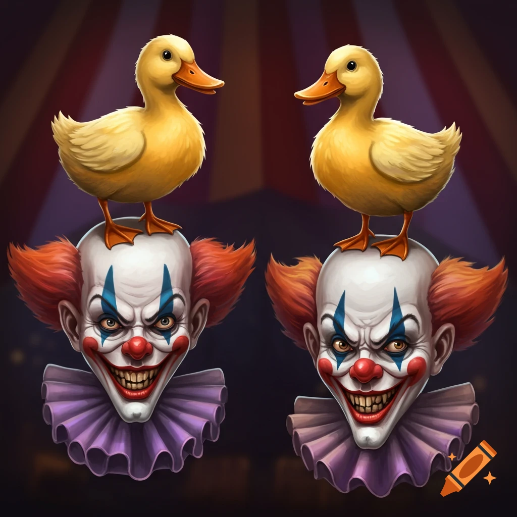 Two creepy clowns with yellow ducks on their heads against a circus background.