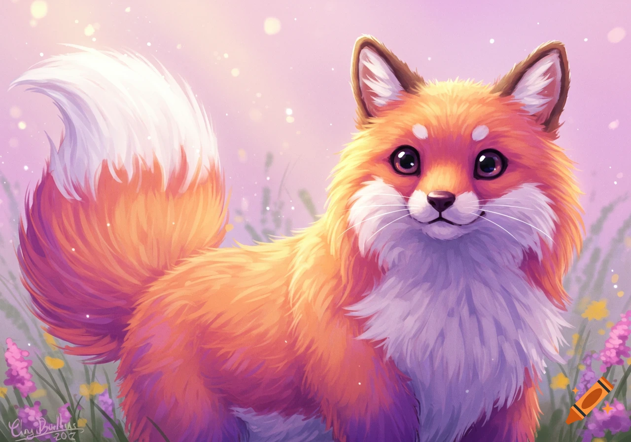 Cute digital painting of a fox sitting in a field.